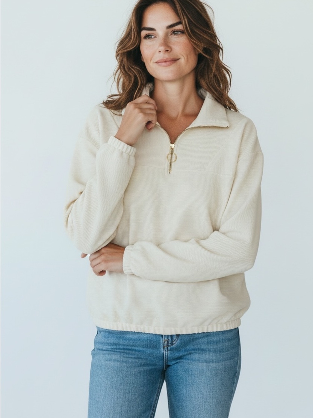 Cream Half-Zip Pullover Sweatshirt with Gold Hardware